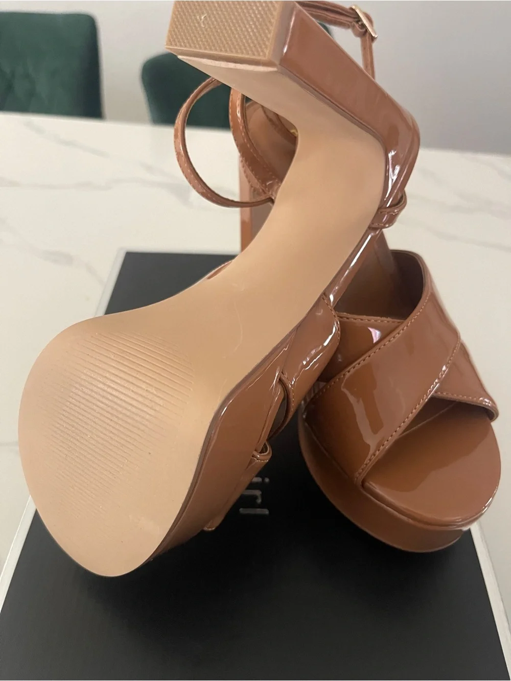 Madden Girl Ambeer Caramel Pat Platform Sandal with Block Heel 6.5